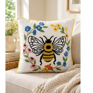 Handmade Embroidered Bee Floral Pillow Cottagecore Throw Cushion Garden Decor